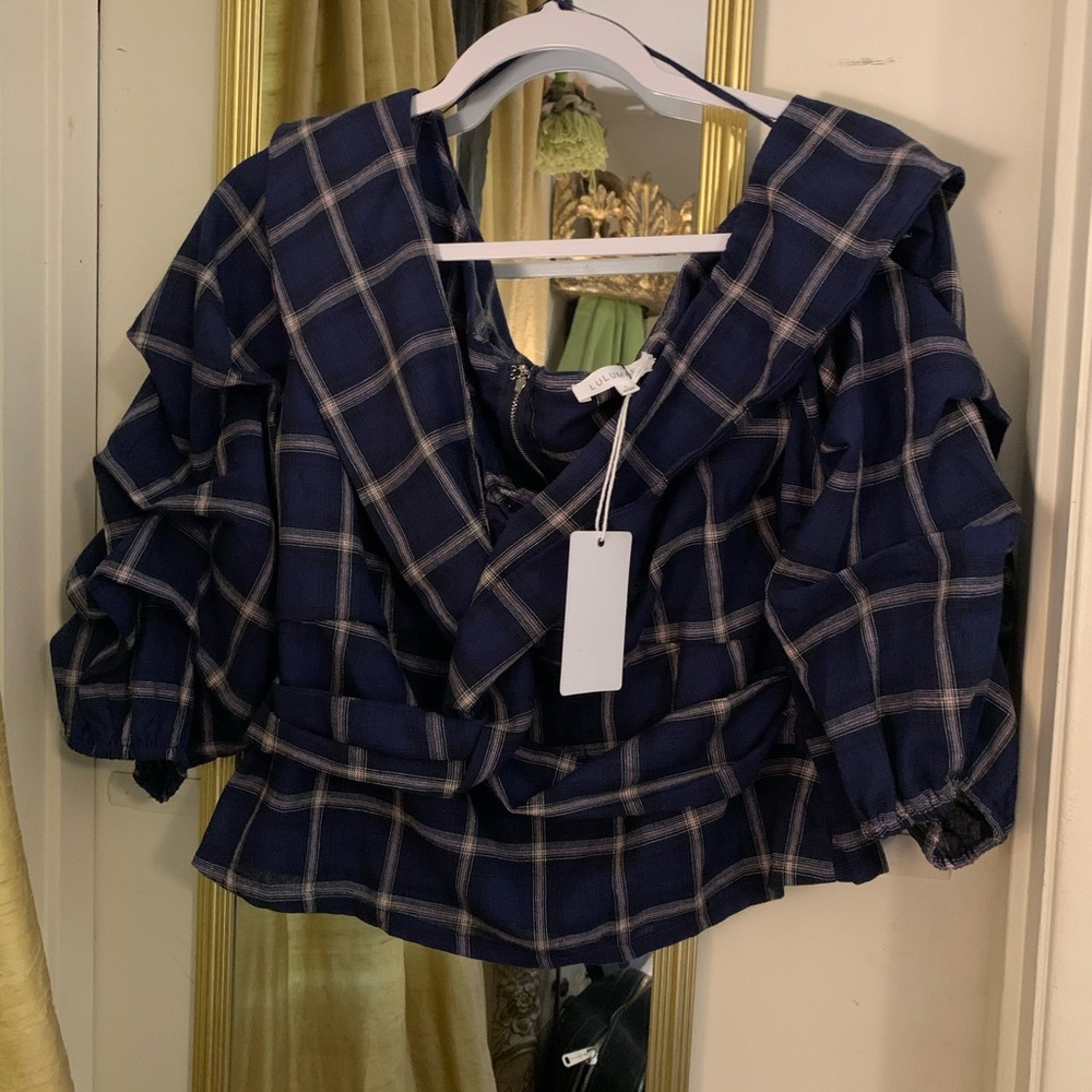NWT Flawless Large Anthropologie Lulumari Blue Plaid V-Neck Crop Blouse - Picture 2 of 7